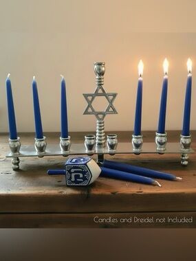 Vintage Silvertone Metal Menorah Star Of David 8"X 4" Hanukkah Candle Holder